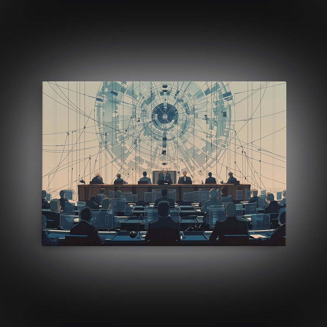 Futuristic Council Chamber Canvas Print, Digital Conference Hall Wall Decor, Modern Office Art For Lawyers And Leaders Gift