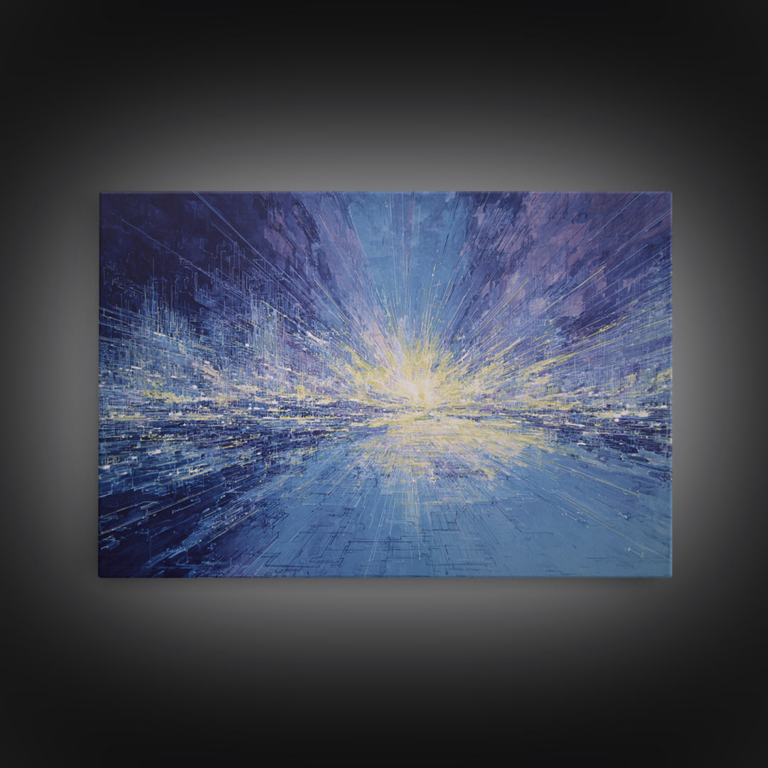 Electric Blue Abstract Cityscape Wall Art, Luminous Horizon Canvas, Contemporary Decor For Living Room And Office Gallery