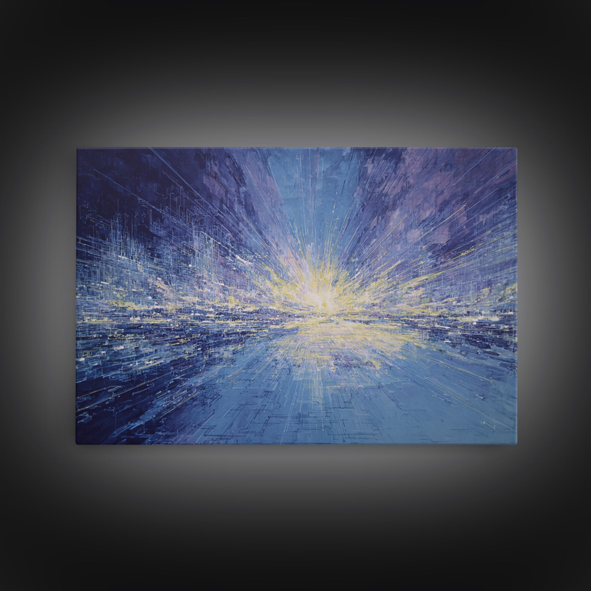 Electric Blue Abstract Cityscape Wall Art, Luminous Horizon Canvas, Contemporary Decor For Living Room And Office Gallery