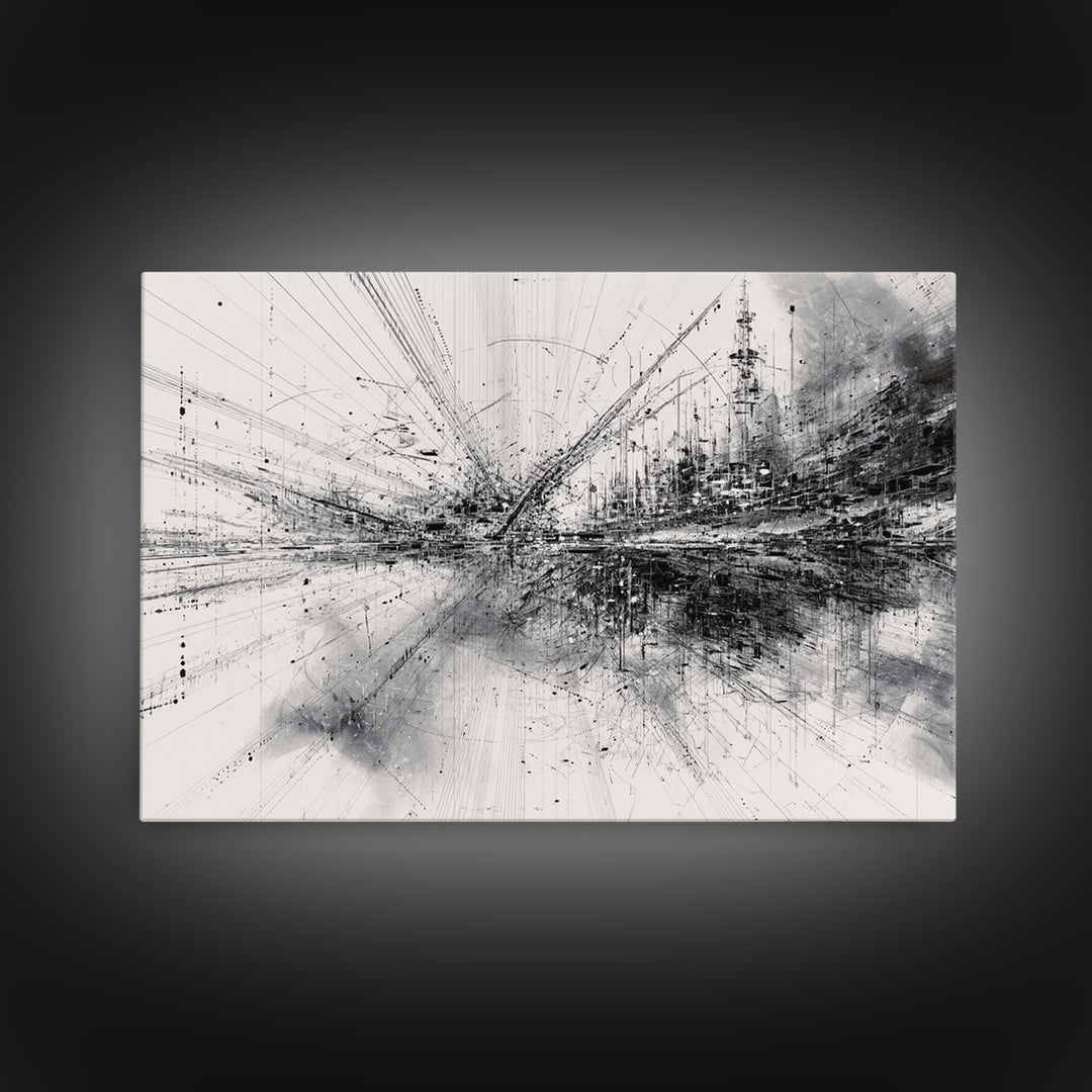 Monochrome Abstract Technical Skyline Canvas Print, Black And White Wall Decor, Minimalist Modern Office Art Gift For Study