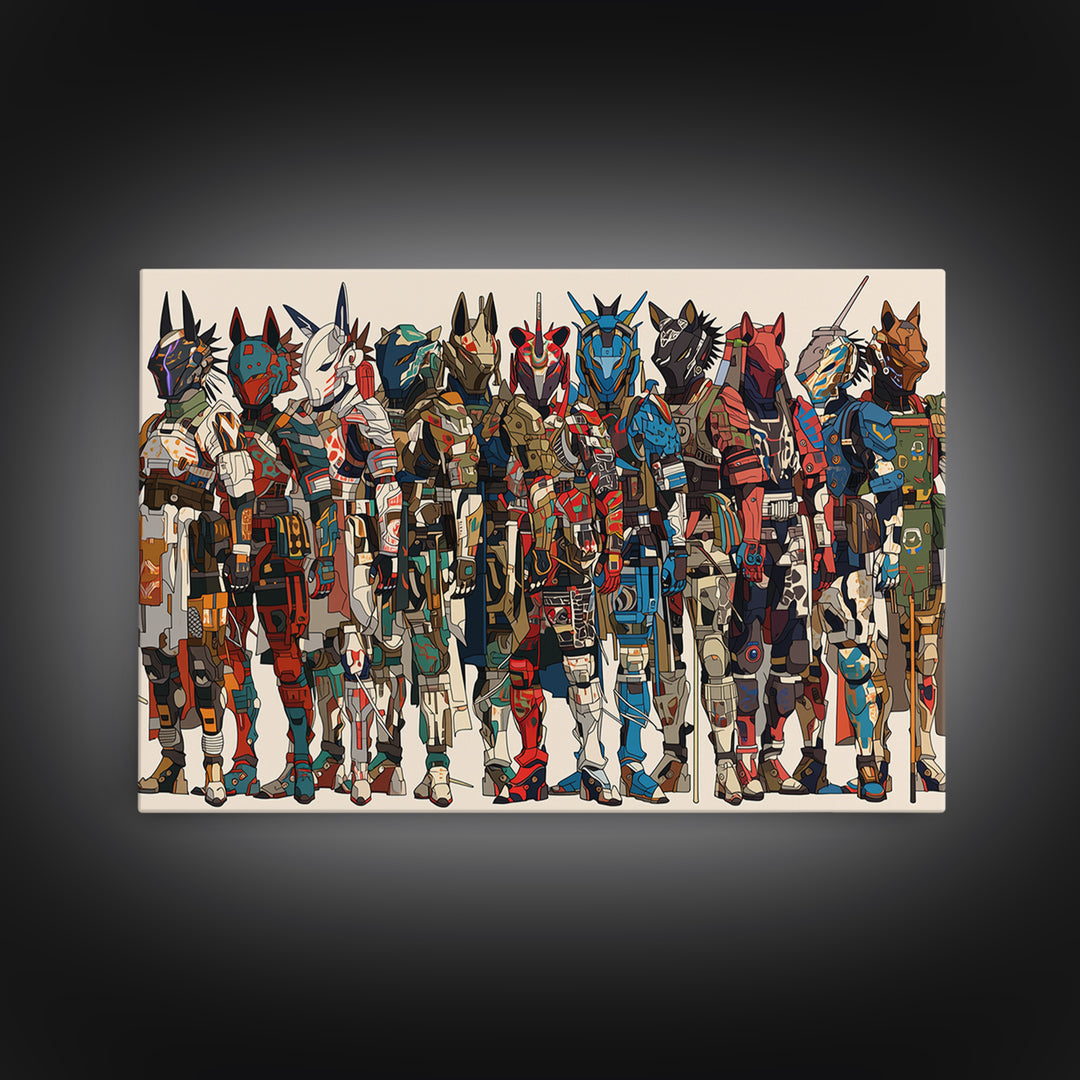 Futuristic African Mecha Warriors, Tribal Mask Canvas Print, Afrocentric Wall Art, Bold Black Culture Art, Modern Safari Decor