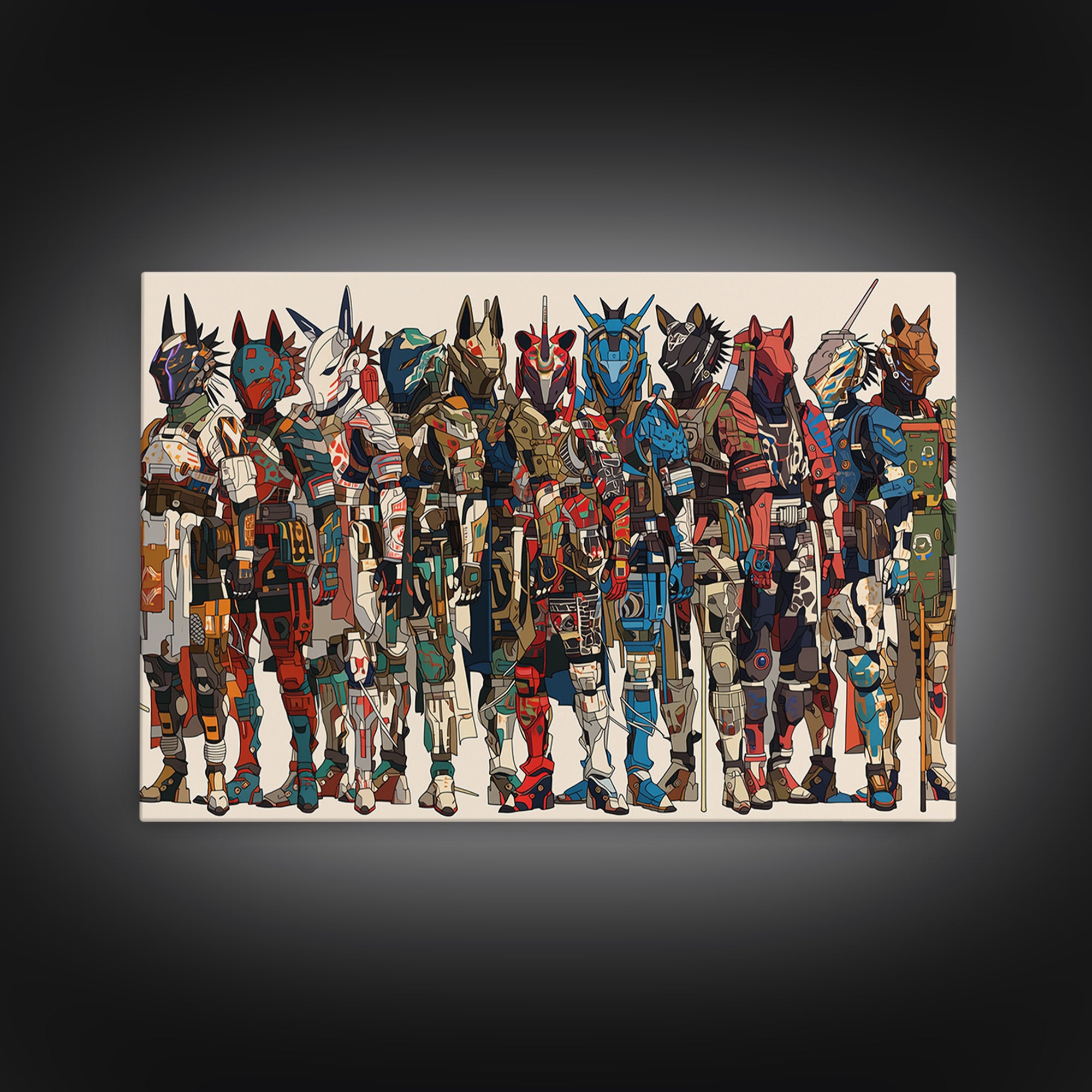 Futuristic African Mecha Warriors, Tribal Mask Canvas Print, Afrocentric Wall Art, Bold Black Culture Art, Modern Safari Decor