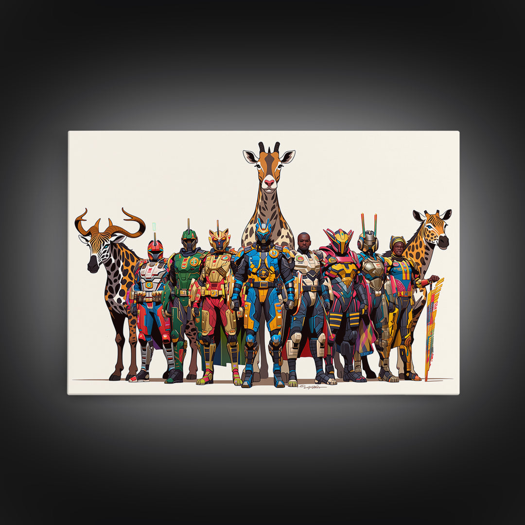 Afrofuturist Safari Warriors With Giraffes, African Wall Art, Framed Canvas Print, Tribal Queen Art, Bold Home Decor Gift