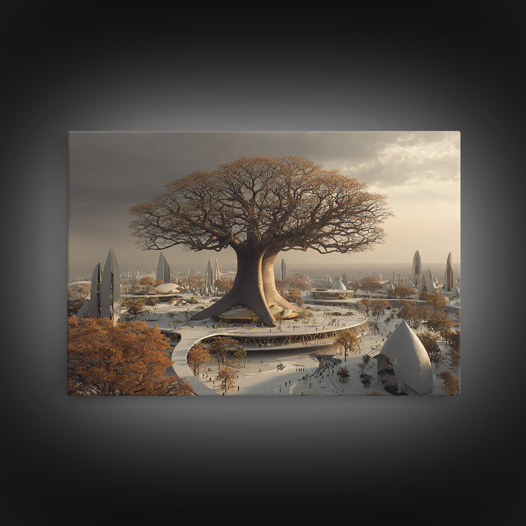Giant Baobab Future City At Sunset, African Landscape Wall Art, Framed Canvas Print, Afrofuturism Decor, Statement Art For Living Room