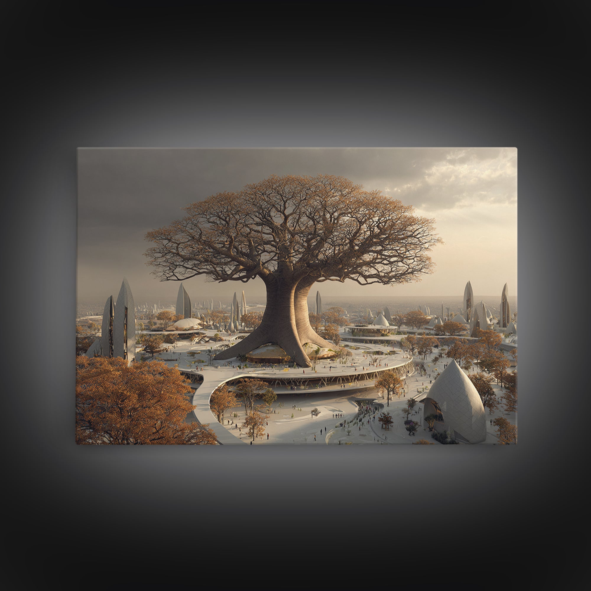 Giant Baobab Future City At Sunset, African Landscape Wall Art, Framed Canvas Print, Afrofuturism Decor, Statement Art For Living Room