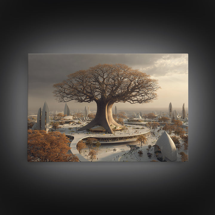Giant Baobab Future City At Sunset, African Landscape Wall Art, Framed Canvas Print, Afrofuturism Decor, Statement Art For Living Room