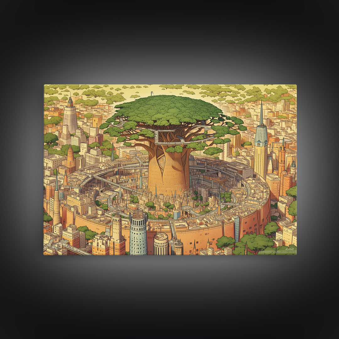 Illustrated Baobab Megacity, African Tree Wall Art, Framed Canvas Print, Afrofuturism Decor, Statement Cultural Home Decor Gift