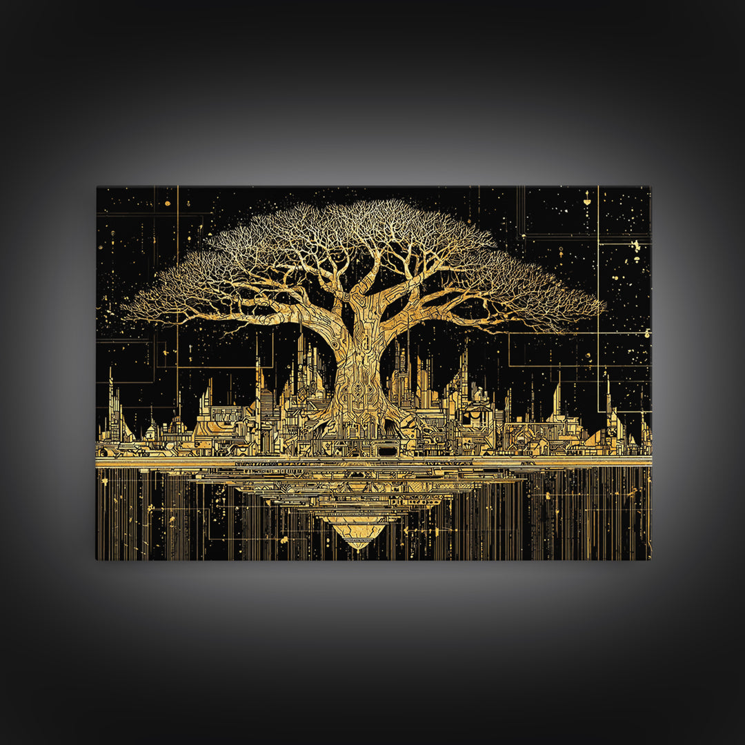 Gold Baobab Futuristic Skyline On Black, African Wall Art, Canvas Print, Black And Gold Art, Luxury Canvas Art Statement Home Decor
