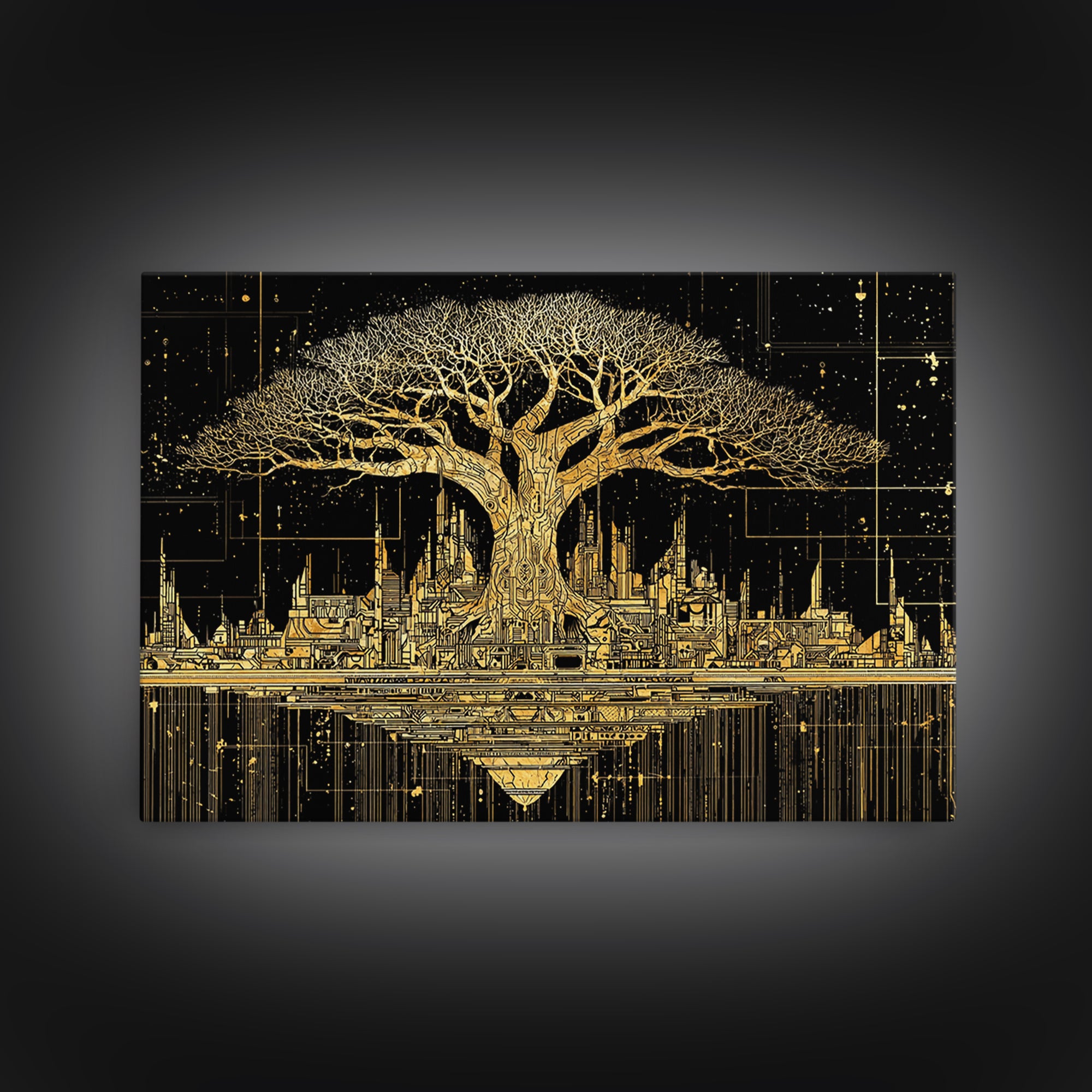 Gold Baobab Futuristic Skyline On Black, African Wall Art, Canvas Print, Black And Gold Art, Luxury Canvas Art Statement Home Decor