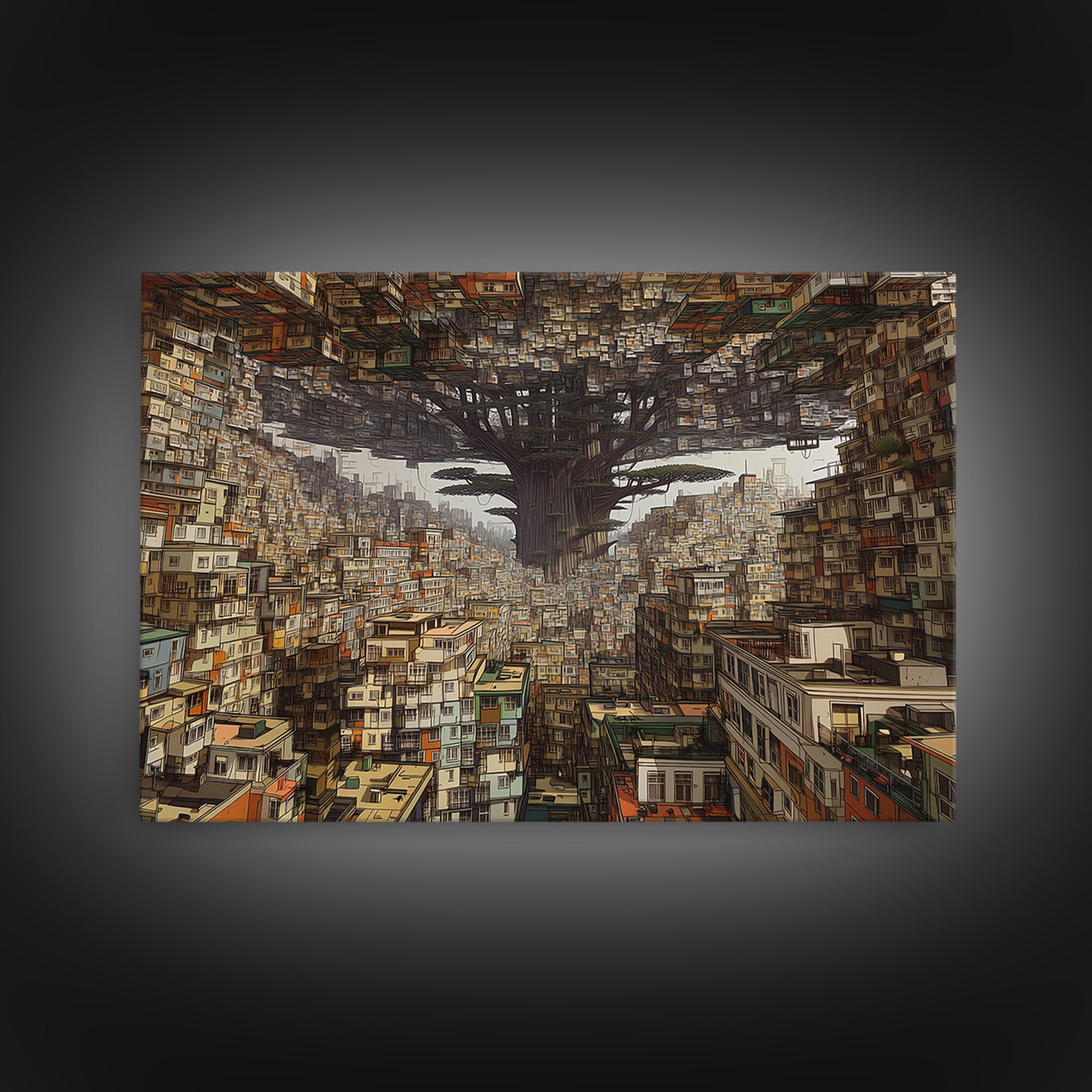 Upside Down Baobab Cityscape, African Abstract Wall Art, Framed Canvas Print, Urban Wall Art, Afrofuturism Statement Home Decor