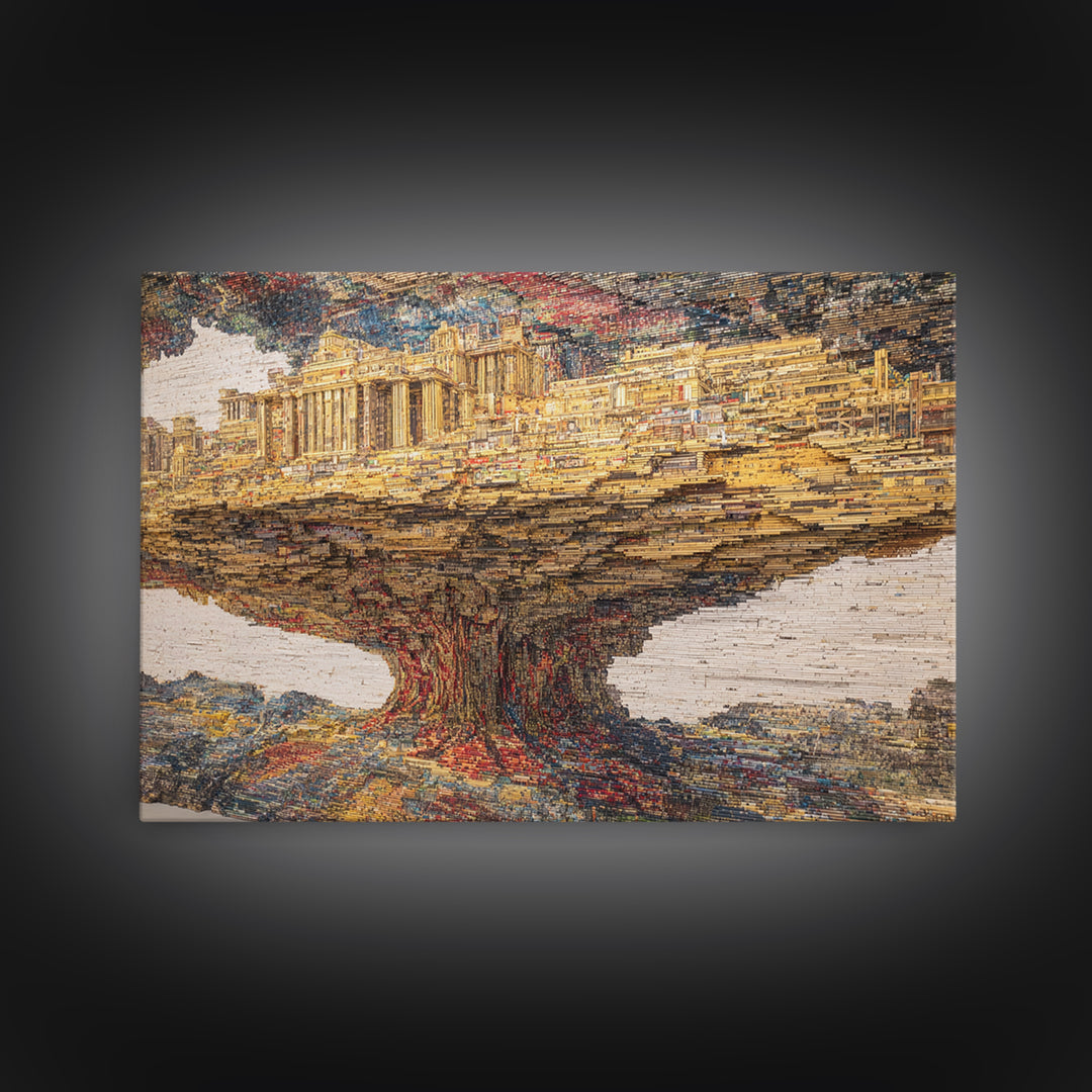 Ancient City Tree Mirage, Textured African Landscape Wall Art, Framed Canvas Print, Cultural Art Print, Earth Tone Decor