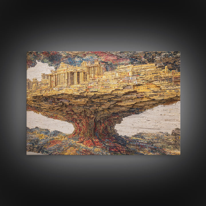 Ancient City Tree Mirage, Textured African Landscape Wall Art, Framed Canvas Print, Cultural Art Print, Earth Tone Decor