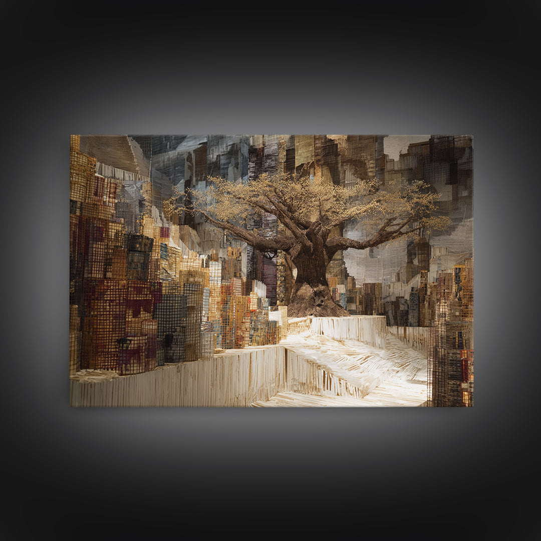 Golden Baobab In Abstract Cityscape Wall Art, African Landscape, Modern African Art, Earth Tone Living Room Decor Canvas