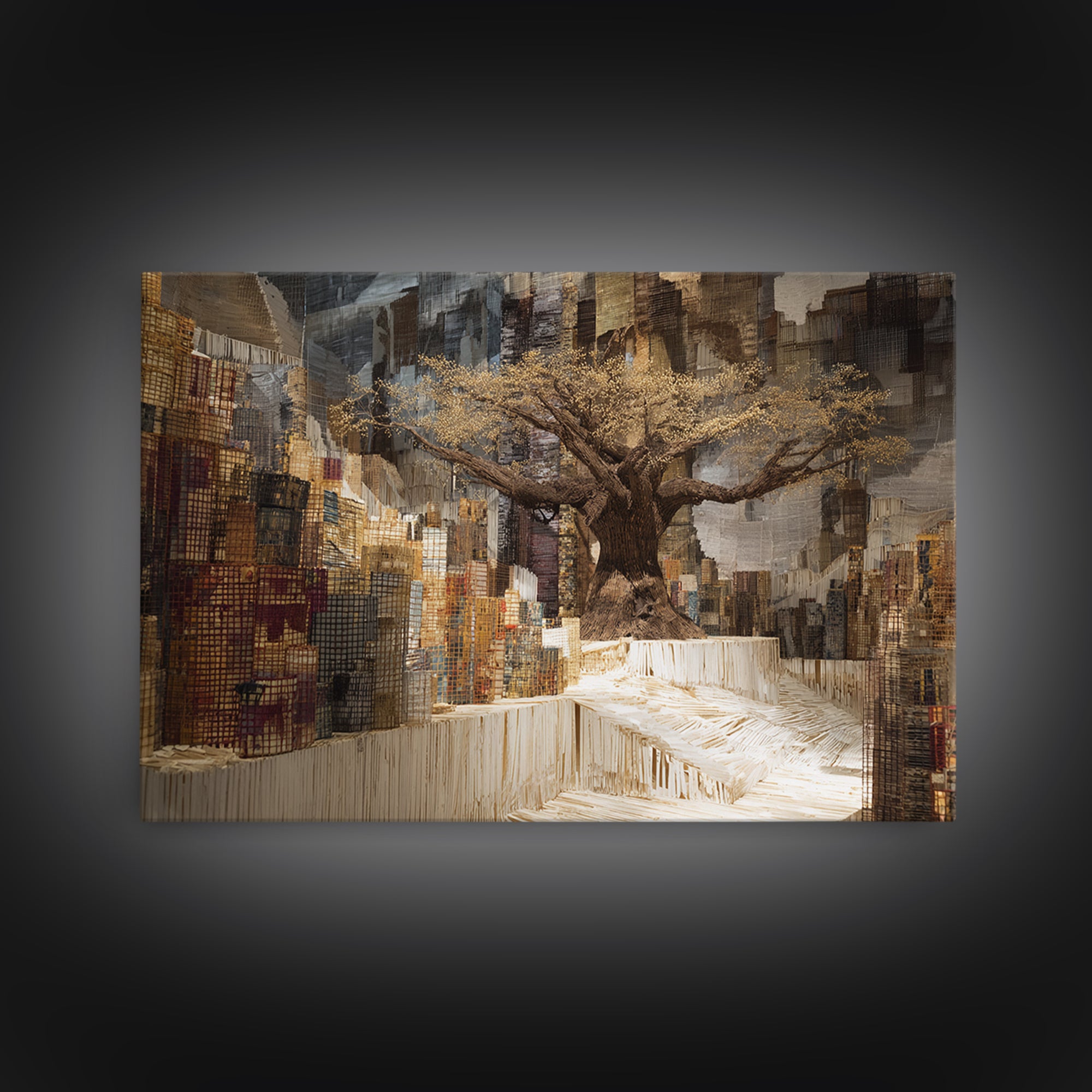 Golden Baobab In Abstract Cityscape Wall Art, African Landscape, Modern African Art, Earth Tone Living Room Decor Canvas
