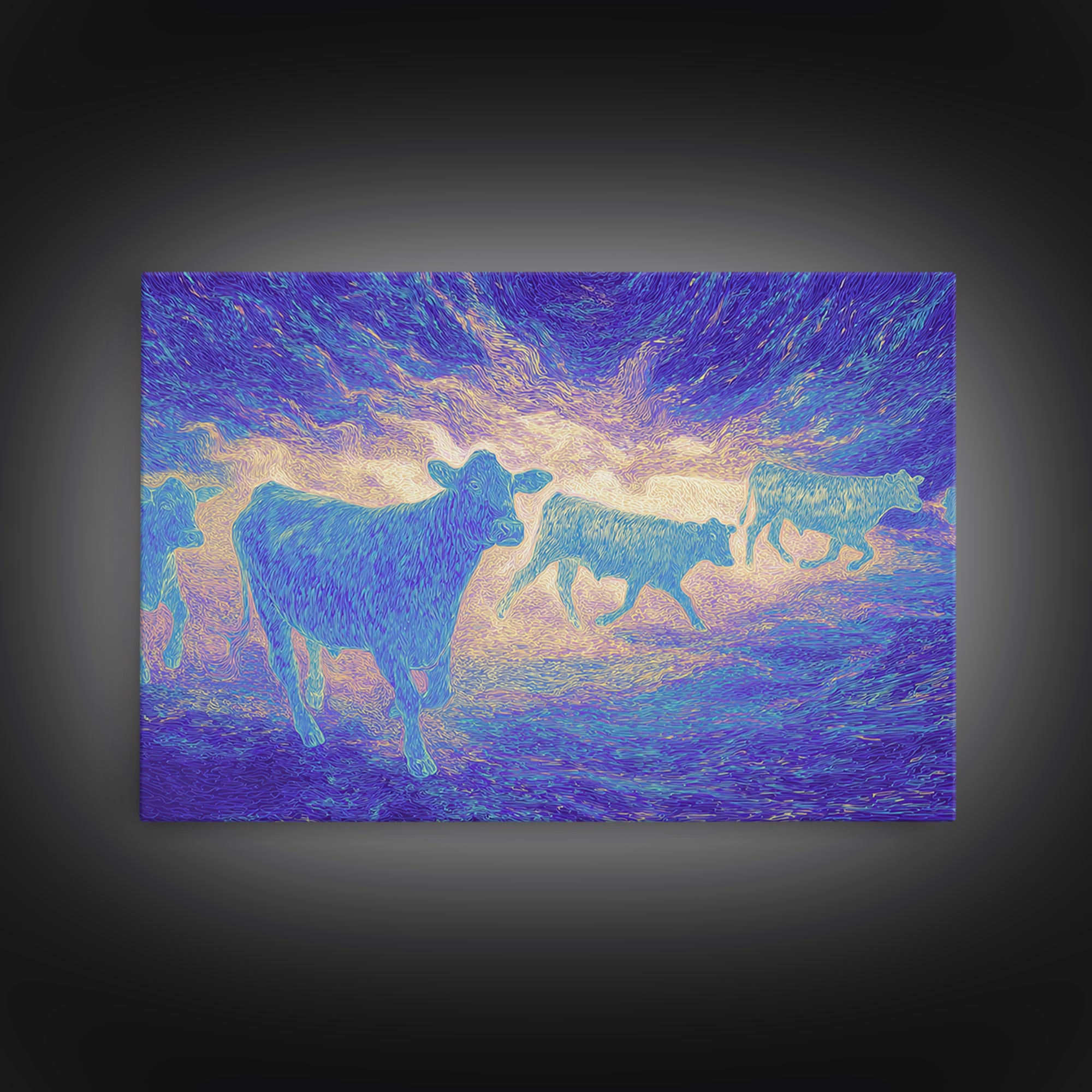 Neon Pastel Cows At Sunset Canvas Print, African Animal Art, Safari Art, Colorful Wall Decor, Farm Animal Living Room Art