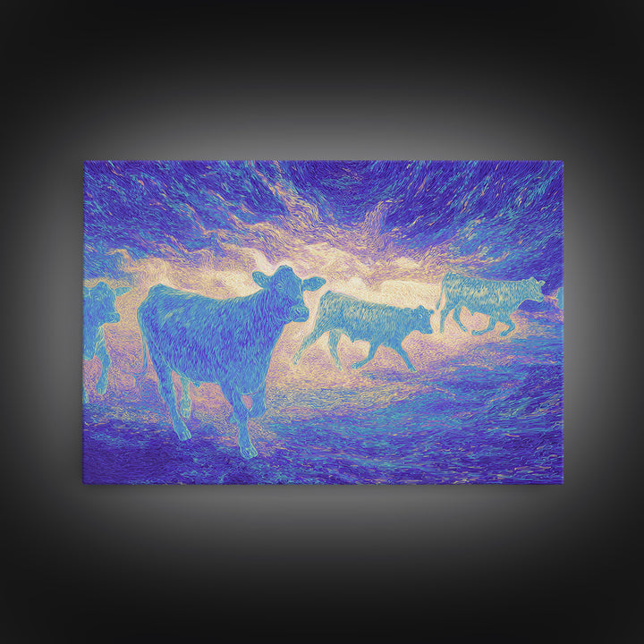 Neon Pastel Cows At Sunset Canvas Print, African Animal Art, Safari Art, Colorful Wall Decor, Farm Animal Living Room Art