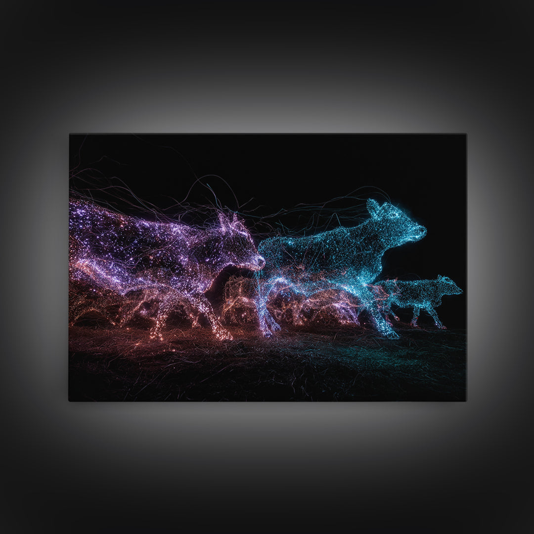 Glowing Digital Cattle Herd Wall Art, African Animal Art, Modern Abstract Black Art, Neon Safari Decor, Unique Canvas Print