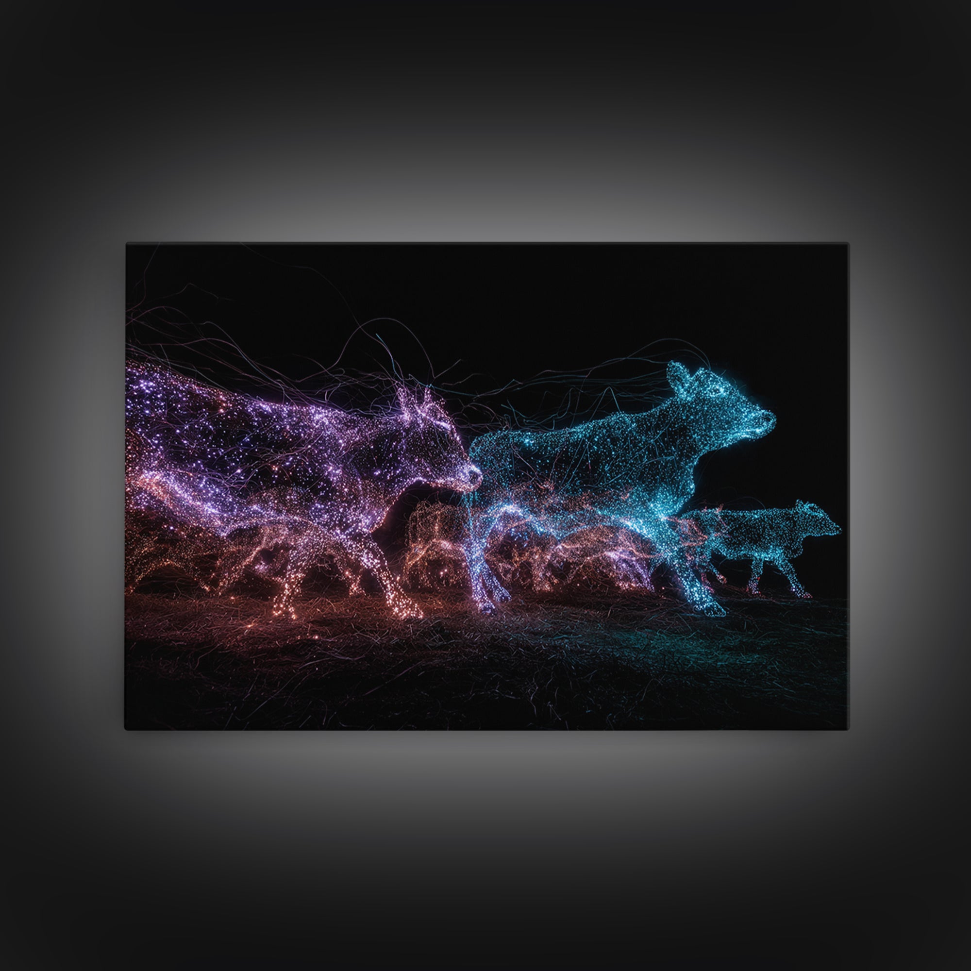 Glowing Digital Cattle Herd Wall Art, African Animal Art, Modern Abstract Black Art, Neon Safari Decor, Unique Canvas Print