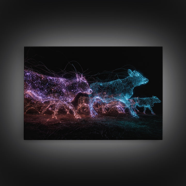 Glowing Digital Cattle Herd Wall Art, African Animal Art, Modern Abstract Black Art, Neon Safari Decor, Unique Canvas Print
