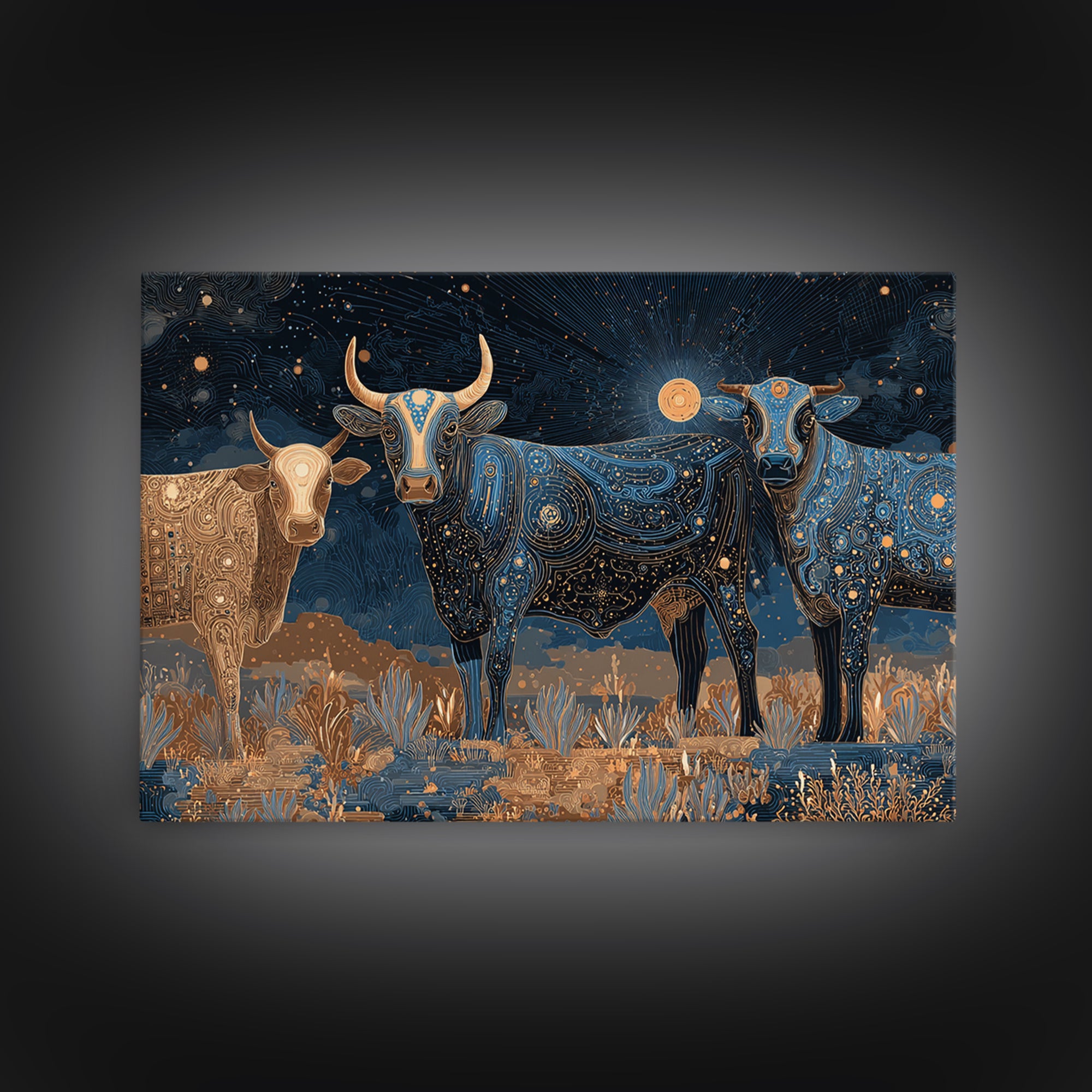 Celestial Longhorn Cattle Canvas Print, African Animal Art, Tribal Patterns, Southwestern Wall Decor, Boho Living Room Art