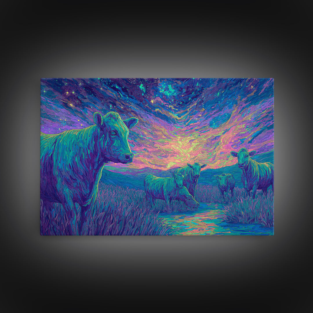 Violet Twilight Cows By Creek Wall Art, African Animal Art, Colorful Safari Art, Dreamy Wall Decor, Nature Scene Canvas Print