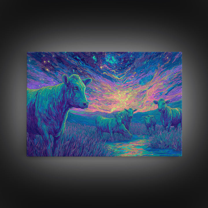 Violet Twilight Cows By Creek Wall Art, African Animal Art, Colorful Safari Art, Dreamy Wall Decor, Nature Scene Canvas Print