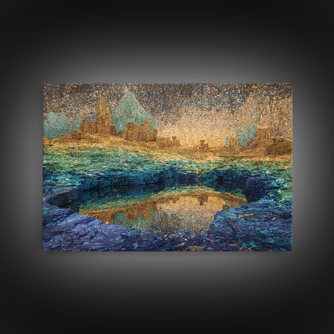 Shimmering Coastal City Lagoon Wall Art, African Landscape, Modern Abstract Art, Teal Gold Decor, Dreamy Living Room Canvas