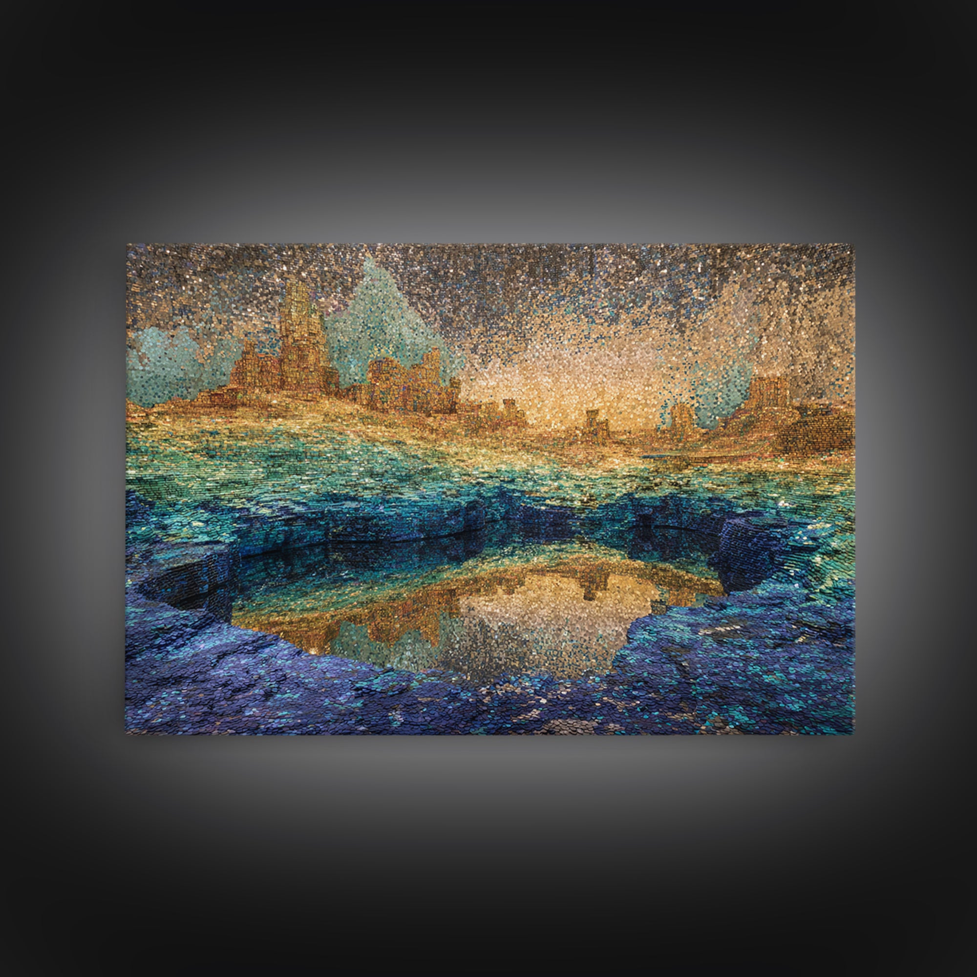 Shimmering Coastal City Lagoon Wall Art, African Landscape, Modern Abstract Art, Teal Gold Decor, Dreamy Living Room Canvas