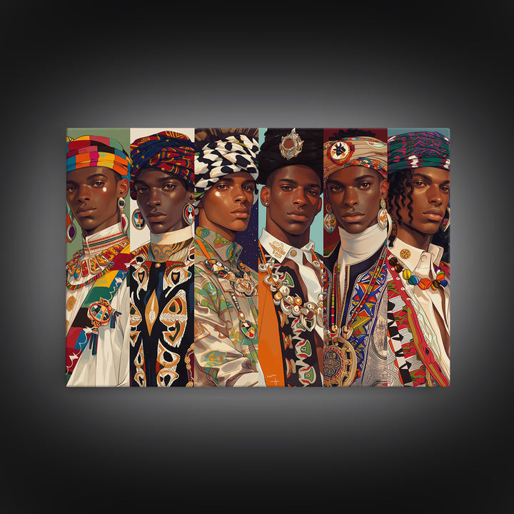 Six Regal African Portraits Wall Art, African Fabric, Nigerian Fashion Art, Black Beauty Art, Colorful Portrait Canvas Print