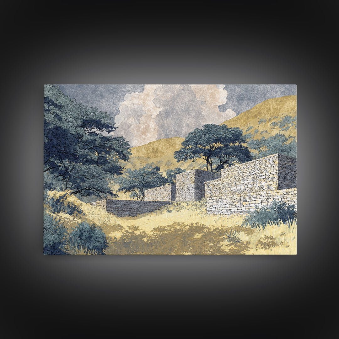 Sunlit Stone Walls In African Hills Framed Canvas Print, Serengeti Landscape Art, Earth Tone Safari Decor Gift, Living Room Wall Decor