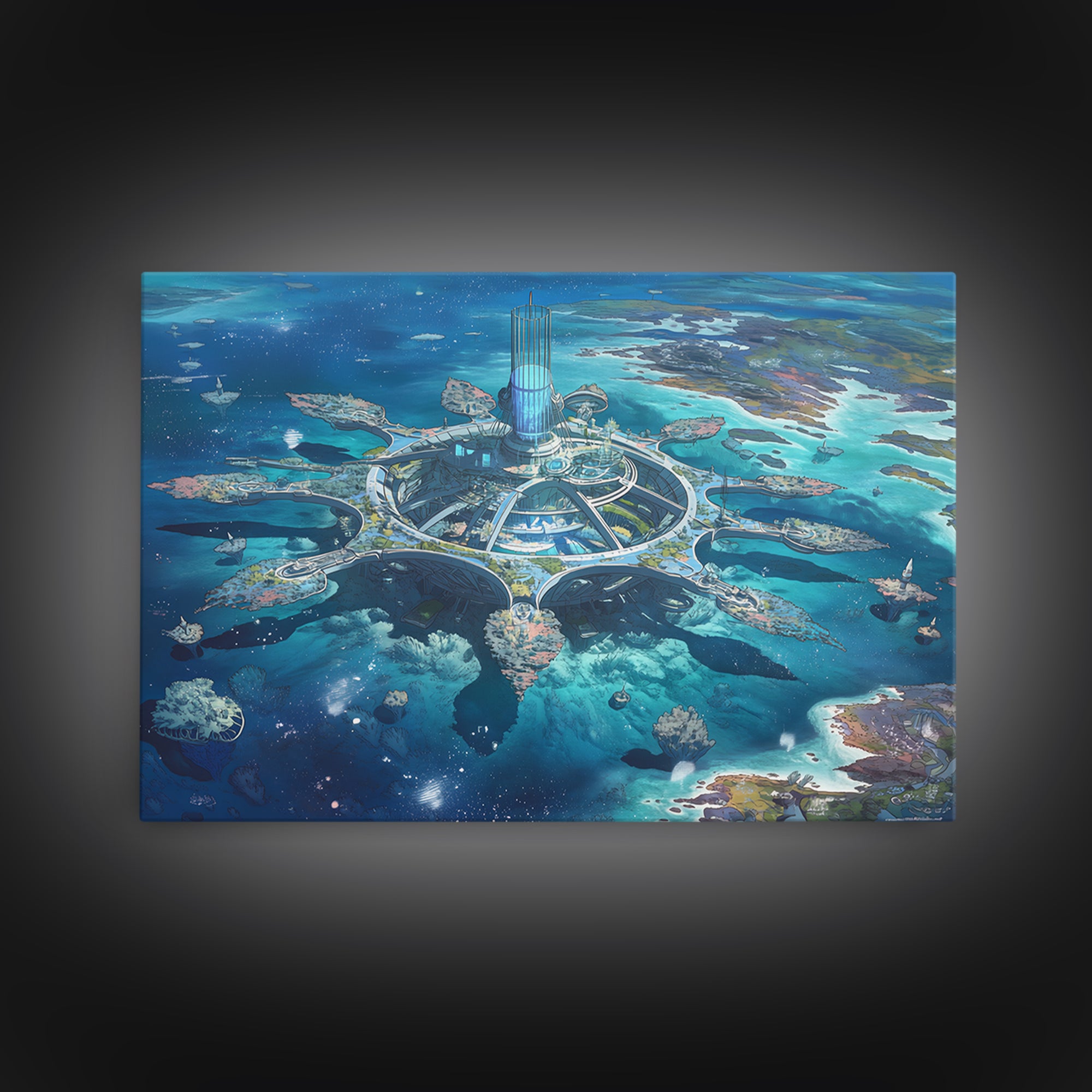 Futuristic Ocean City And Floating Islands Canvas Print, Afrofuturism Wall Art, Blue Sci Fi Coastal Home Decor For Office Gift