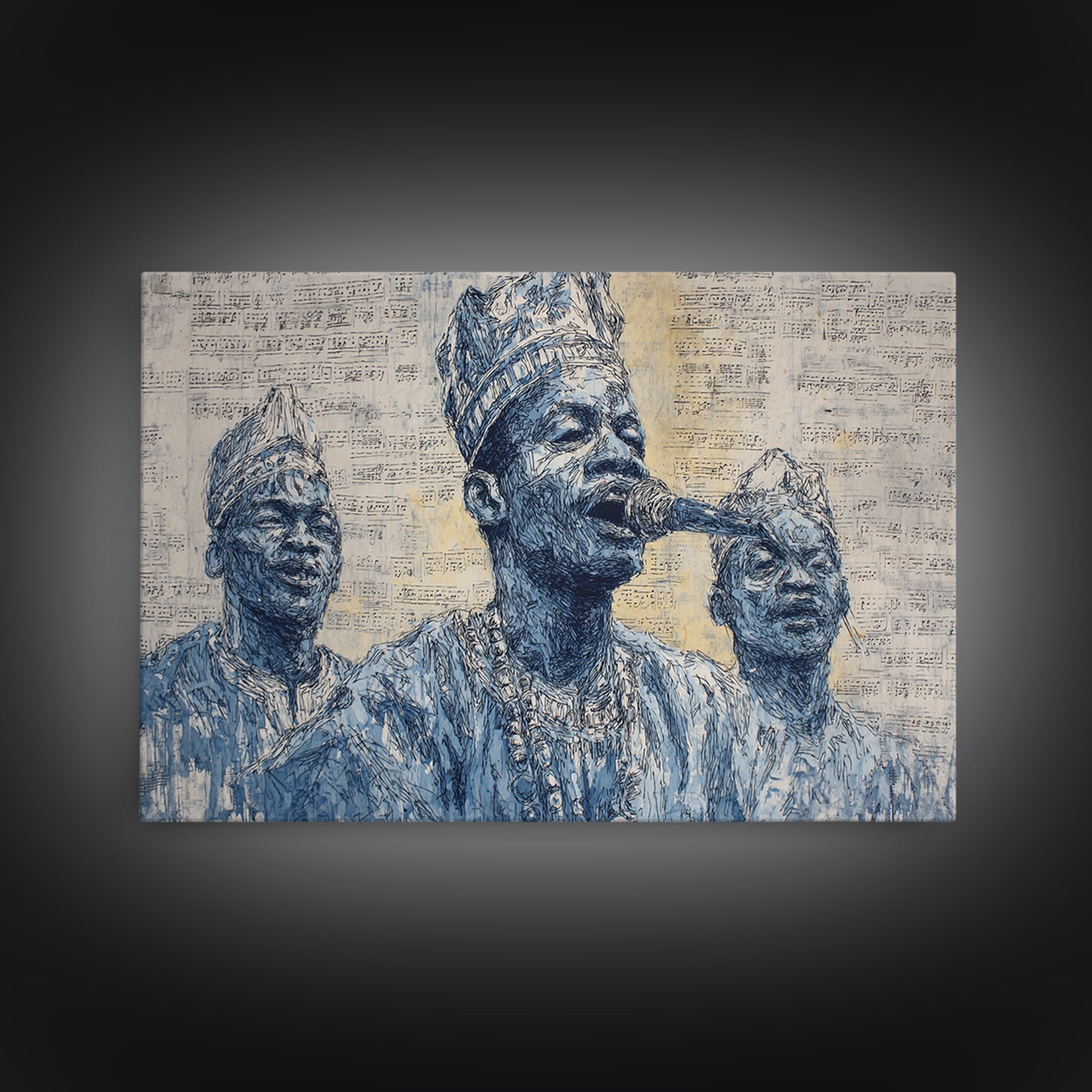 Blue Ink African Musicians Singing In Traditional Hats Wall Art, Cultural Portrait Art Print, Black History Home Decor Gift
