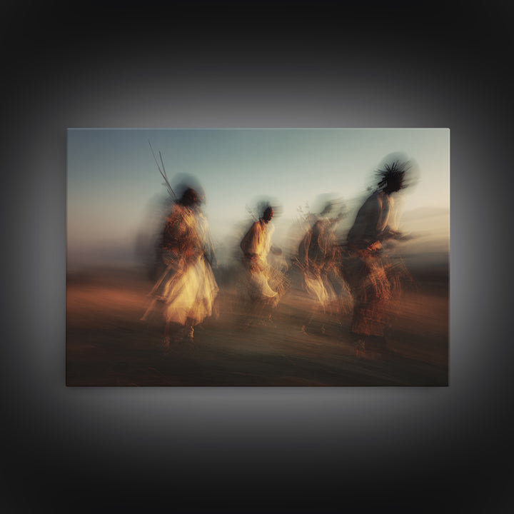 Twilight Tribal Warriors Dancing Framed Canvas Print, African Warrior Art, Safari Culture Wall Decor, Ethnic Home Decor Gift