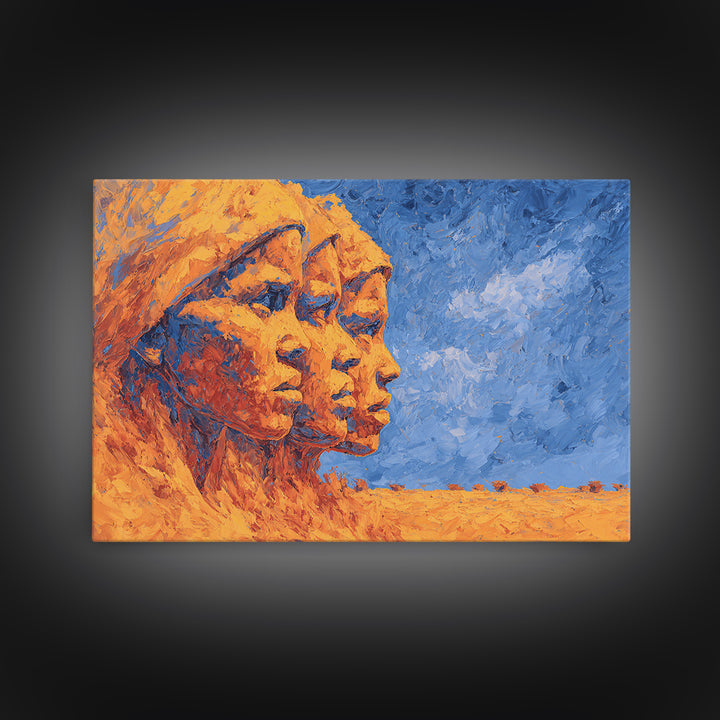 Three African Women Profiles Canvas Print, Orange Blue Portrait Wall Art, Black Beauty Art, Afrocentric Home Decor Art Gift