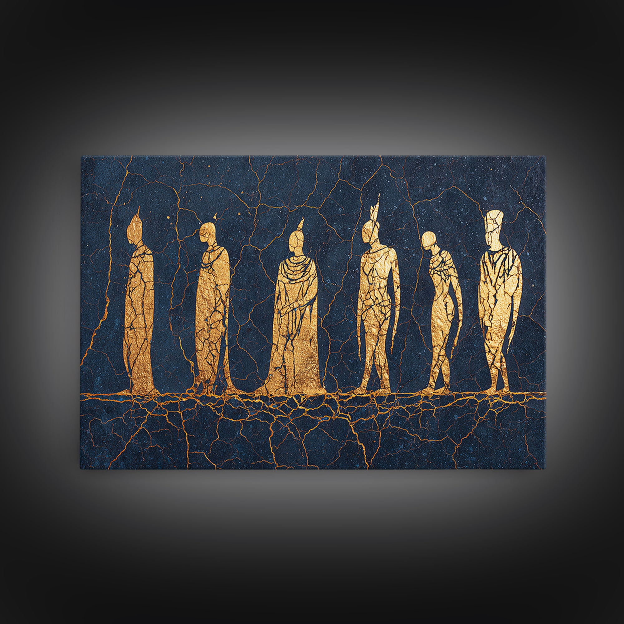 Golden Tribal Figures On Cracked Blue Wall Art, Ancient African Art Print, Ethnic Sculpture Decor, Cultural Home Decor Gift