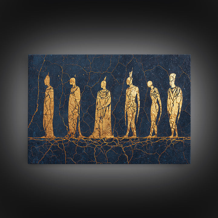 Golden Tribal Figures On Cracked Blue Wall Art, Ancient African Art Print, Ethnic Sculpture Decor, Cultural Home Decor Gift