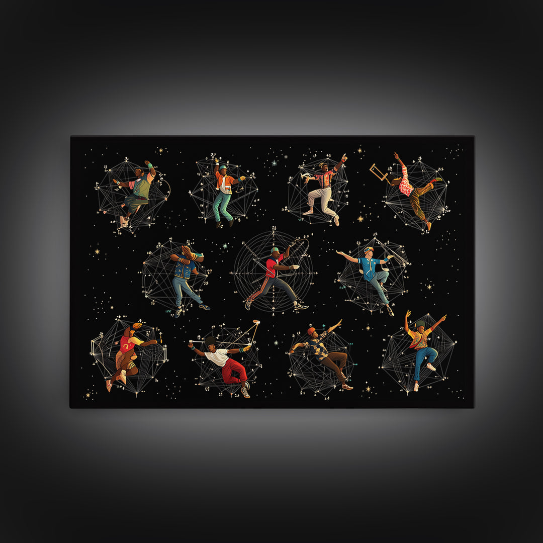 Cosmic African Dancers With Geometric Stars Wall Art, Afrofuturism Decor, Black Culture Art Print, Modern Canvas Art Gift