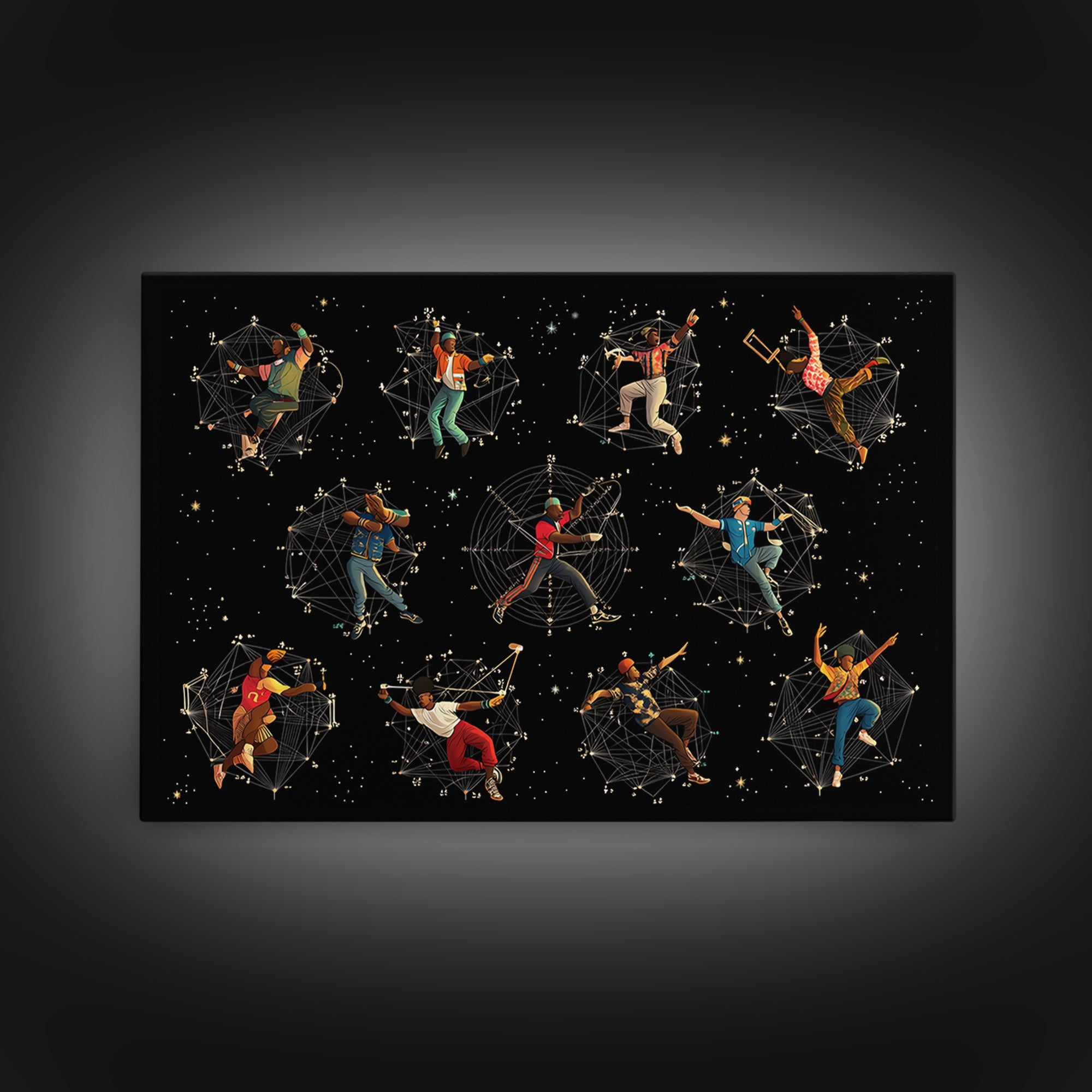 Cosmic African Dancers With Geometric Stars Wall Art, Afrofuturism Decor, Black Culture Art Print, Modern Canvas Art Gift