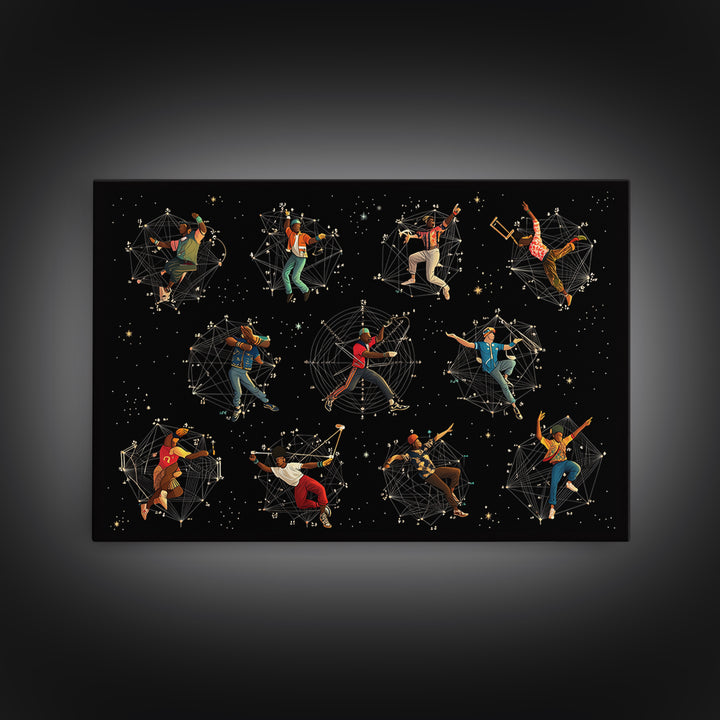 Cosmic African Dancers With Geometric Stars Wall Art, Afrofuturism Decor, Black Culture Art Print, Modern Canvas Art Gift