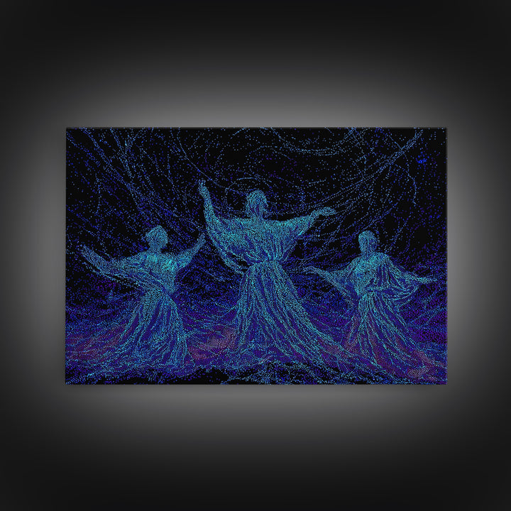 Glowing Blue African Dancers In Starry Motion Wall Art, Afrocentric Decor, Spiritual Feminine Canvas, Modern Black Art Prints