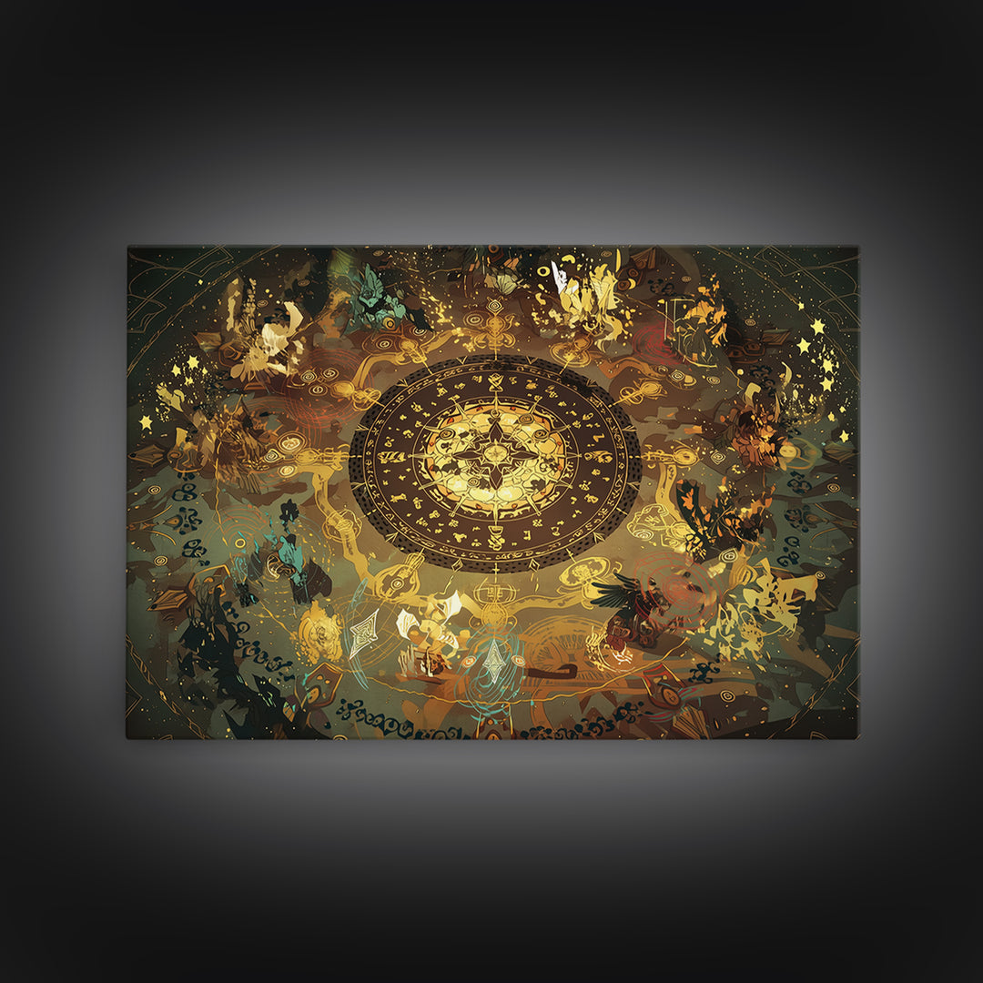 Golden Zodiac Circle And Mystical Animals Wall Art, Spiritual Decor, Astrology Inspired Canvas Print, Boho Home Decor, Gift