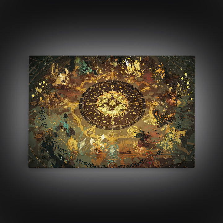 Golden Zodiac Circle And Mystical Animals Wall Art, Spiritual Decor, Astrology Inspired Canvas Print, Boho Home Decor, Gift