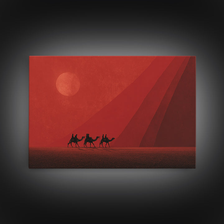 Red Desert Camel Caravan At Sunset Canvas Print, African Safari Art, Morocco Travel Poster, Earth Tone Wall Decor Gift For Him