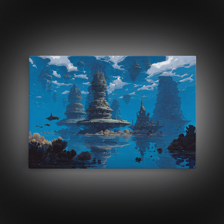 Blue Underwater Fantasy Cityscape Wall Art, Modern Canvas Print, Dreamy Ocean Decor, Unique Large Living Room Art, Home Decor Gift