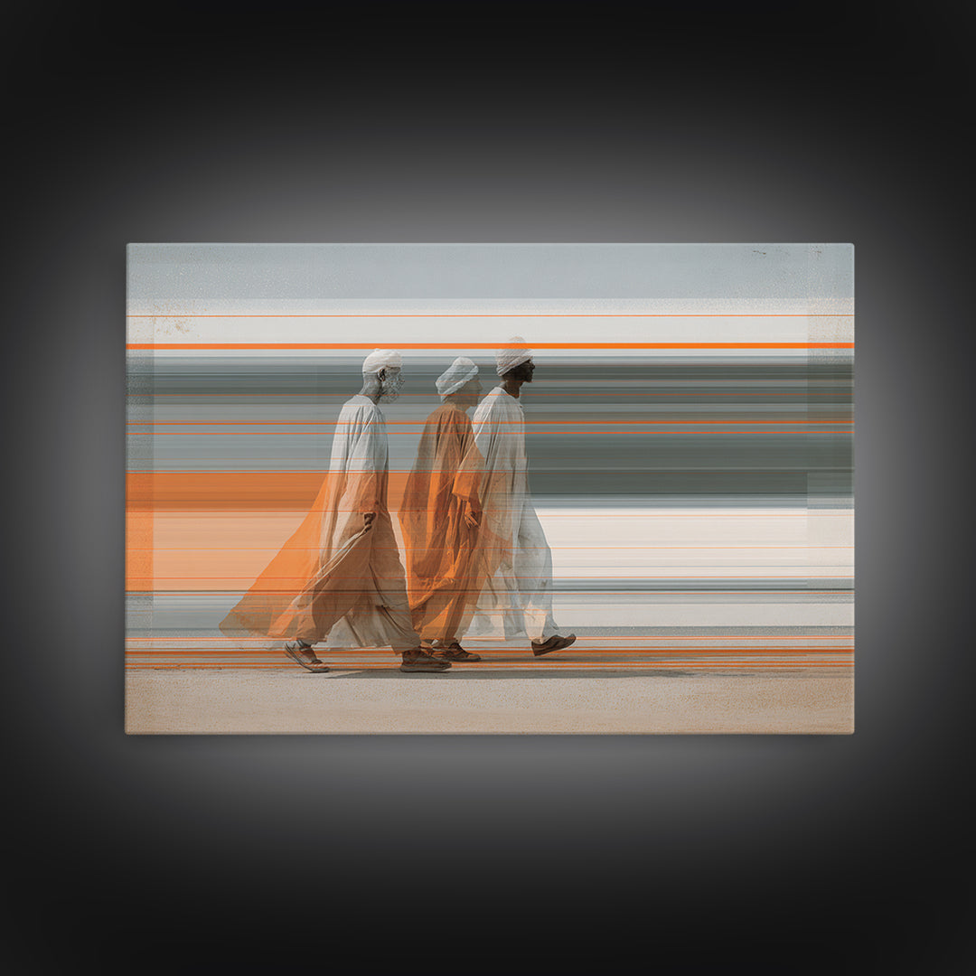 Three Robed Travelers In Motion Wall Art, African Inspired Modern Canvas, Cultural Home Decor, Statement Living Room Print