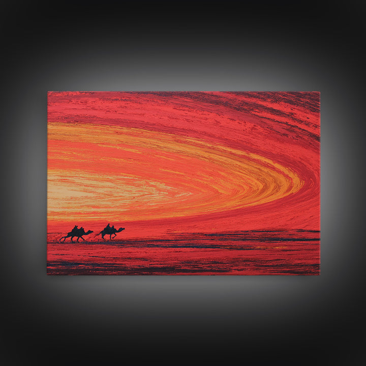 Camels Crossing Fiery Desert Sunset Canvas Print, African Safari Art, Burnt Orange Decor, Travel Poster, Statement Wall Decor
