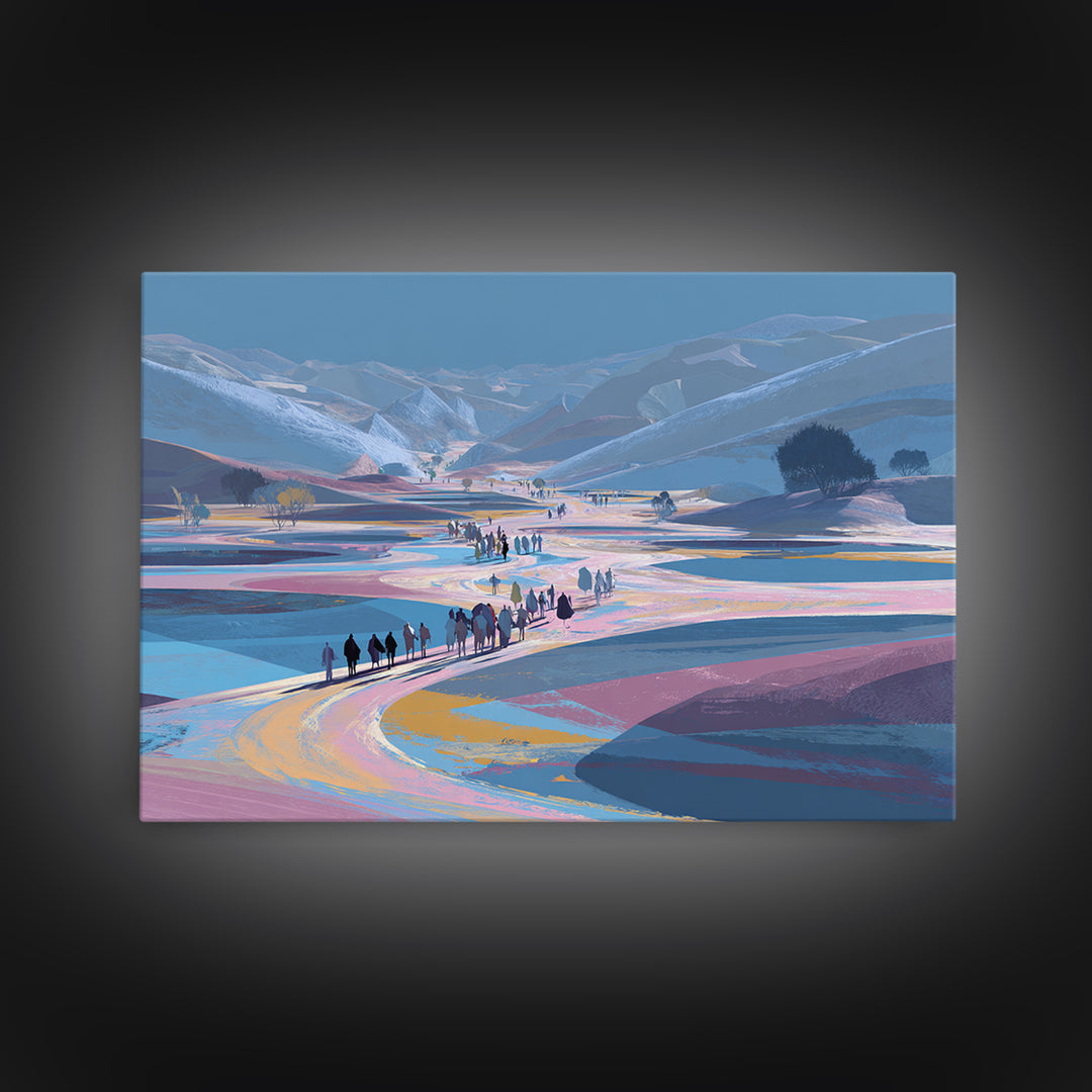 Pastel Mountain Valley Caravan Wall Art, African Landscape Inspired Travel Print, Blue Pink Nature Scene Art, Large Decor
