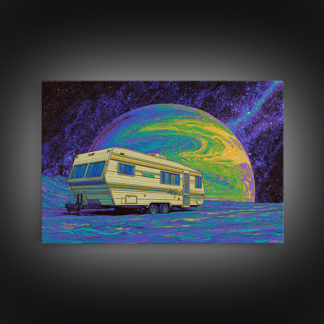 Retro Camper On Psychedelic Alien Planet Canvas Print, Digital Art, Afrofuturism Decor, Space Travel Poster, Unique Wall Decor