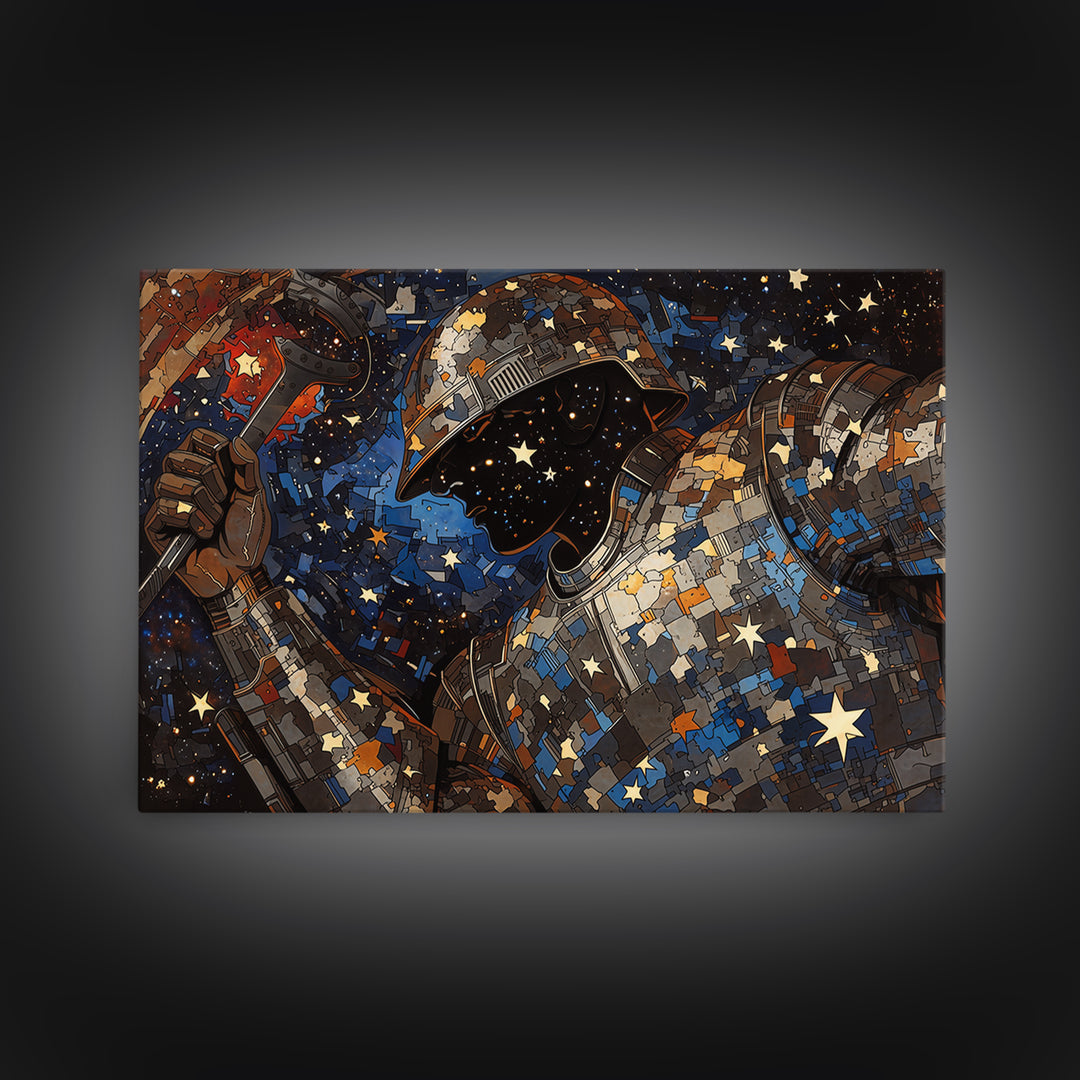Star Filled Cosmic Warrior Portrait Framed Canvas Print, African Warrior Art, Afrofuturism Decor, Bold Contemporary Art Print