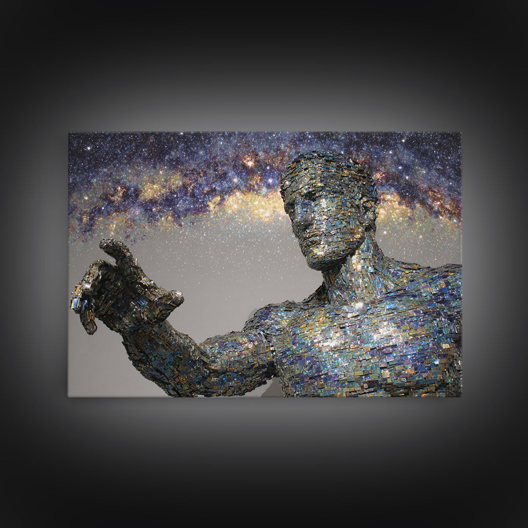 Faceless Cosmic Figure Reaching To Stars Framed Canvas Print, Modern Sculpture Art, Galaxy Wall Decor, Unique Canvas Art